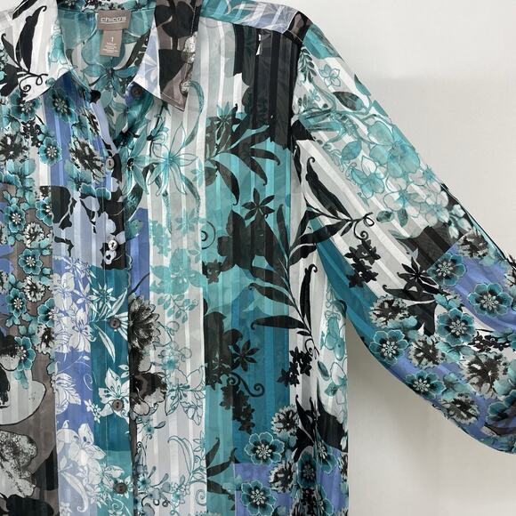 Chicos Size 1 Medium Asymmetrical Button Down Shirt Teal Blue Blouse Floral Top - Picture 3 of 9